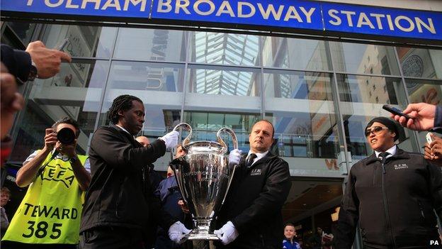 The Champions League trophy at Fulham Broadway Station