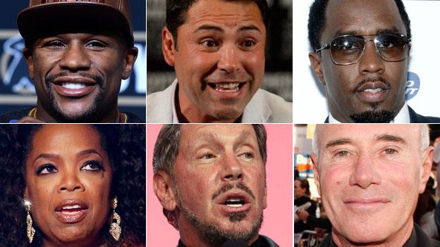 Clockwise from top left: Boxers Floyd Mayweather and Oscar De La Hoya, singer Sean Combs, media mogul David Geffen, billionaire Frank Ellison and Oprah Winfrey