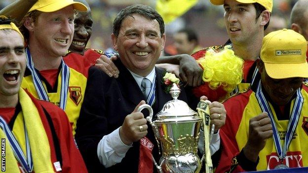 Graham Taylor celebrates with Watford players after winning the 1999 Division One play-off final