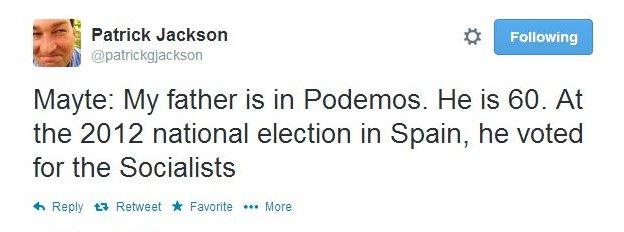 Mayte: My father is in Podemos. He is 60. At the 2012 national election in Spain, he voted for the Socialists