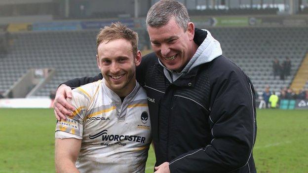 Worcester boss Dean Ryan congratulates Chris Pennell for the starring role he played in the Warriors' first win of the season at Newcastle on 30 March