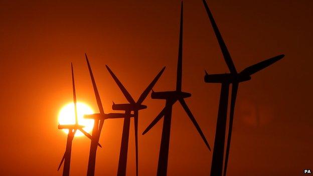 Wind turbines at sunset