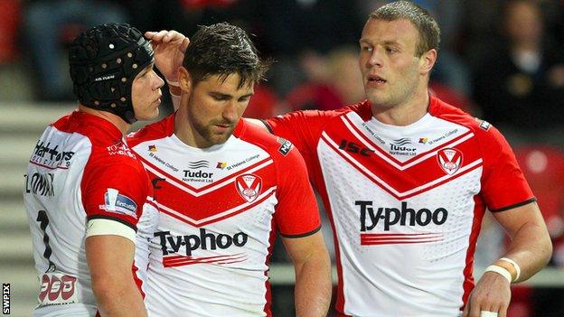 St Helens celebrate a score against London broncos