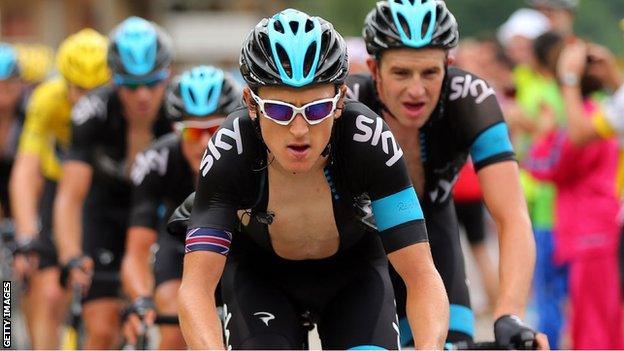 Geraint Thomas leads a group of Team Sky riders during a race