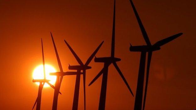 Wind turbines at sunset