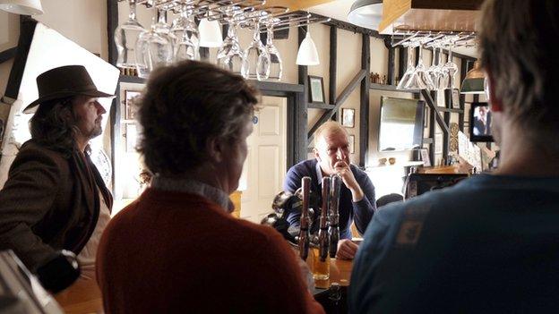 Gavin and Stacey star Steffan Rhodri takes a break during filming of BBC TV's Under Milk Wood at Brown's Hotel in Laugharne