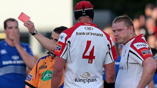 Tom Court is red carded after being adjudged to have tip tackled Devin Toner