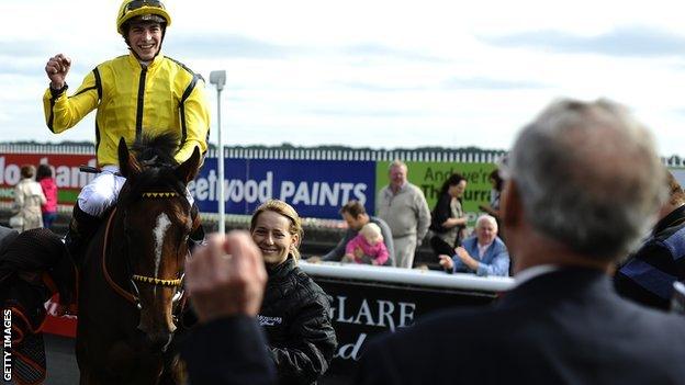 Rizeena being welcomed in after victory by Clive Brittain