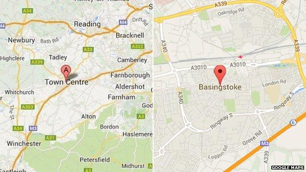 Google maps image showing "Town Centre" and "Basingstoke"