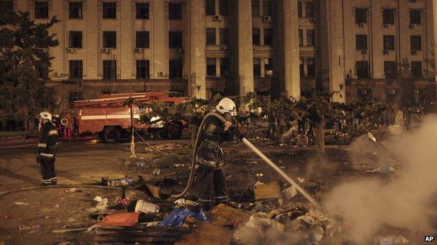 Firefighters outside Trade Unions House, Odessa, 2 May