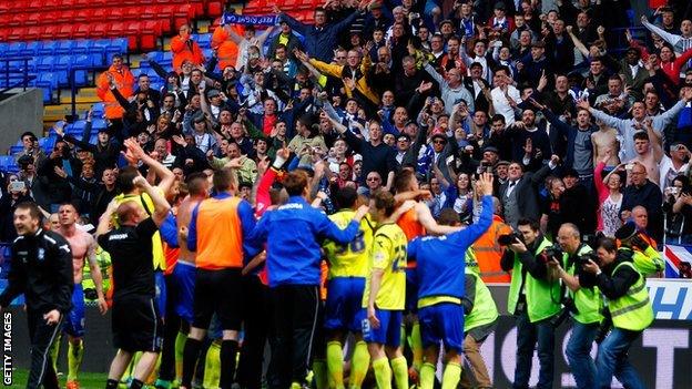 Birmingham players and fans celebrate at ensuring Championship survival