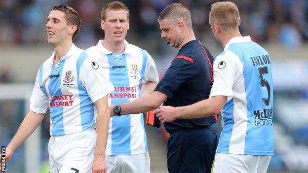 Gary Thompson of Ballymena is sent-off during the Irish Cup final