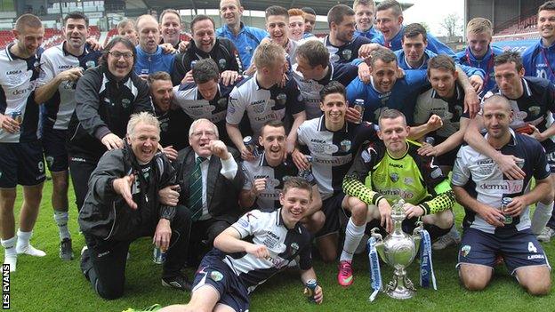 The New Saints celebrate winning the Welsh Cup with a 3-2 victory over Aberystwyth at Wrexham's Racecourse Ground