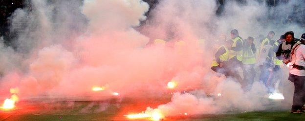 Flares thrown before the 2014 Italian Cup Final