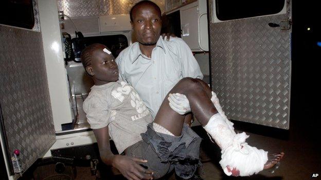 An injured child arrives in an ambulance at Kenyatta National Hospital, Nairobi, on 4 May 2014.