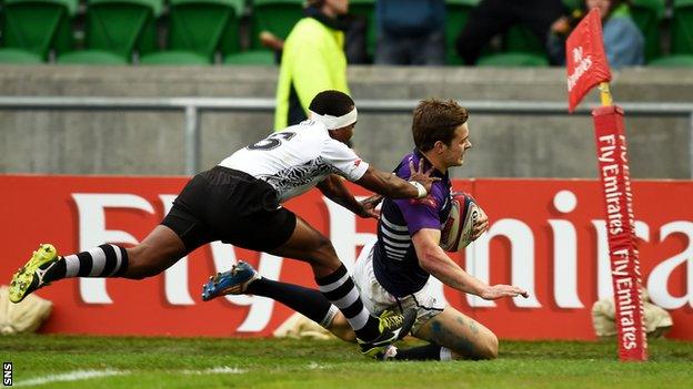 Chris Dean scores a try for Scotland against Fiji