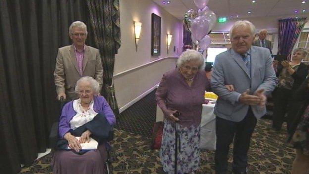 Doris and Freda Latham at their 100th birthday party