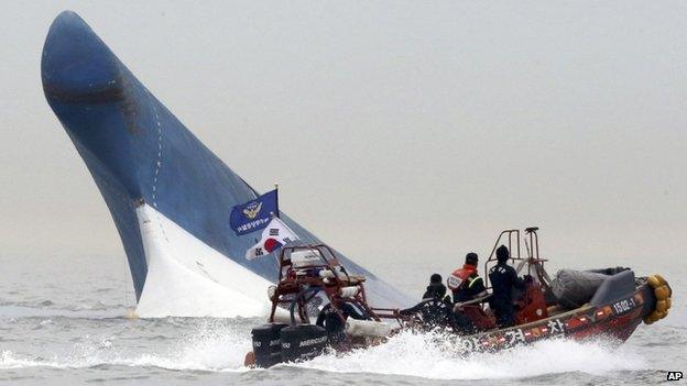 In this April 16, 2014 file photo, South Korean coast guard officers try to rescue passengers from the Sewol ferry as it sinks in the water off the southern coast near Jindo, south of Seoul, South Korea. The doomed ferry Sewol exceeded its cargo limit on 246 trips - nearly every voyage it made in which it reported cargo - in the 13 months before it sank, according to documents that reveal the regulatory failures that allowed passengers by the hundreds to set off on an unsafe vessel. And it may have been more overloaded than ever on its final journey