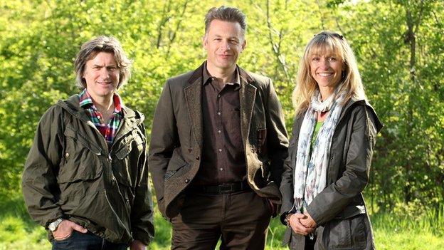 Springwatch presentation team: Martin Hughes-Games (left), Chris Packham (centre) and Michaela Strachan