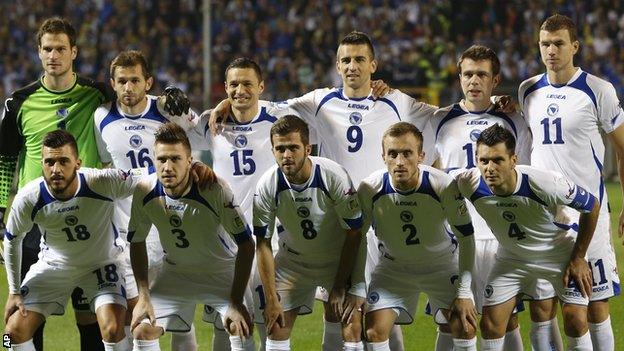 Bosnia-Hercegovina players ahead of a World Cup qualifier game against Liechenstein in October 2013