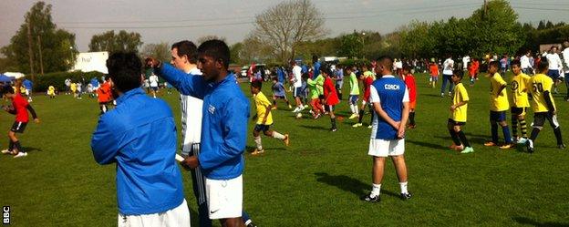 Asian players and coaches take part in the Chelsea Asian Star day at the Premier League side's Cobham training ground