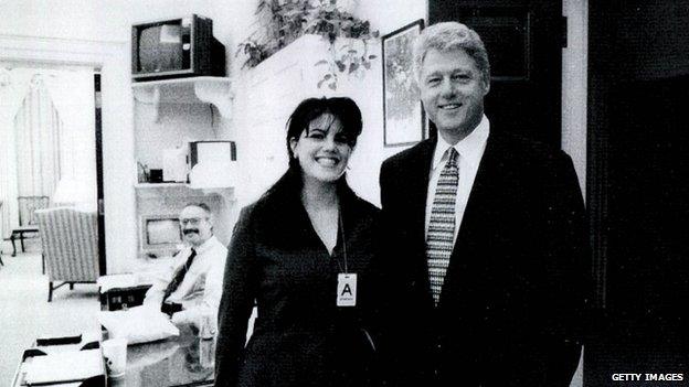 An undated photo of former White House intern Monica Lewinsky (left) and President Bill Clinton at the White House in Washington DC