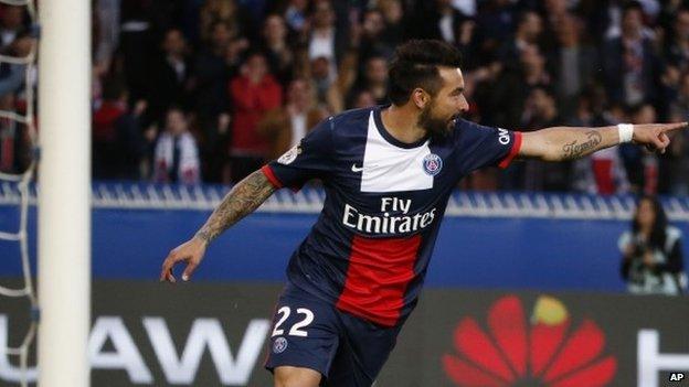 Paris Saint-Germain's Argentinean Ezequiel Lavezzi celebrates the opening goal during a French league one soccer match between his side and Rennes at Parc des Princes stadium in Paris on 7 May