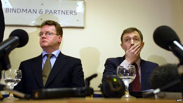 Sandy Mitchell (L) and William Sampson (R) listen during a press conference at Geoffrey Bindman's office, a human rights lawyer in London 26 February 2004. The pair were among seven British expatriates who were detained and tortured while in custody in a Saudi Arabian jail following a car bombing. Mitchell and Sampson were sentenced to execution by crucifixion after they were forced to make false confessions.