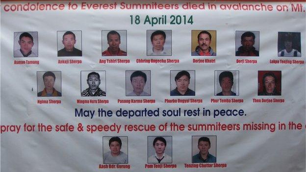 A poster showing the 16 Sherpa climbers killed in the avalanche