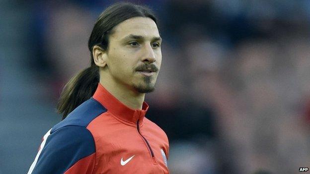 Paris Saint-Germain"s Swedish forward Zlatan Ibrahimovic warms up at the Parc des Princes stadium in Paris on 7 May