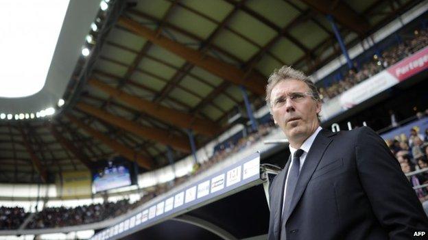 Paris-Saint-Germain coach Laurent Blanc looks on prior to a French L1 football match at the Auguste-Bonal stadium in Sochaux, north-eastern France, on 27 April 2014