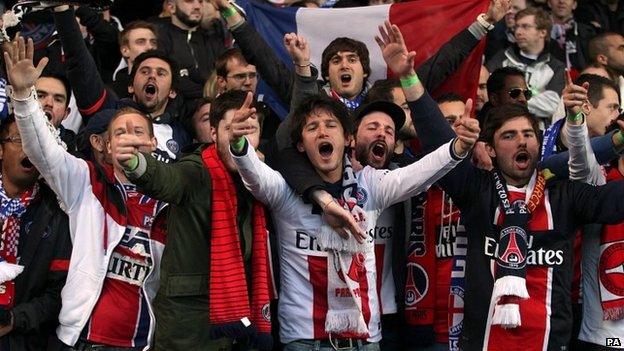 Paris Saint-Germain fans in the stands during the UEFA Champions League Quarter Final match at Stamford Bridge, London, 8 April 2014.