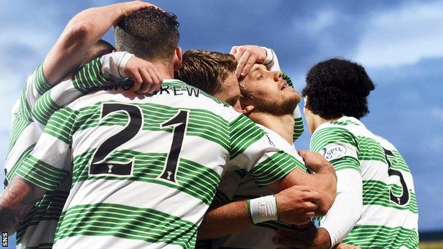 Celtic players celebrate Teemu Pukki's goal in the 3-3 with St Johnstone