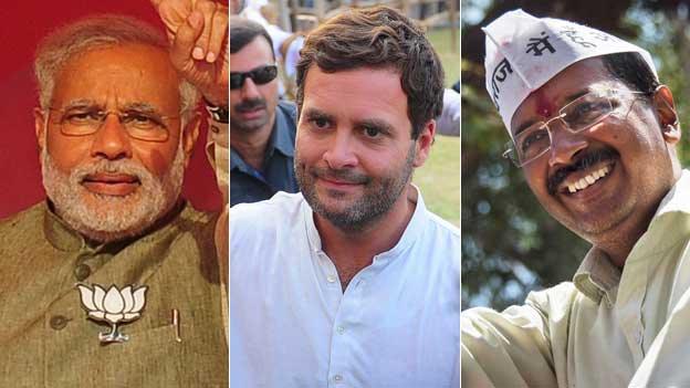 From left to right, Narendra Modi, Rahul Gandhi and Arvind Kejriwal are leading their respective parties' campaign in the 2014 general elections
