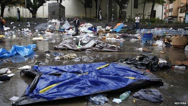 Remains of a protesters' camp site dismantled by Venezuela's national guard in Caracas on 8 May, 2014