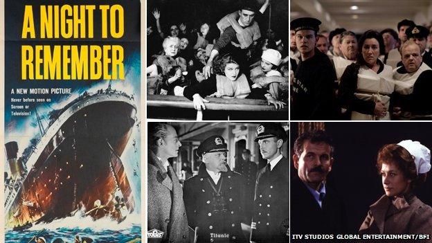 Composite of images from Titanic films: From right to left - A Night to Remember film poster (1958), Atlantic (1929), still from the ITV Titanic drama (2012), still from SOS Titanic (1979), still from so-called 'Nazi Titanic' (1943)