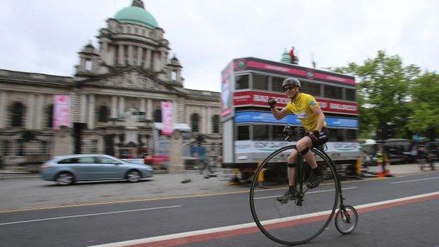 Cyclist Joff Summerfield on a penny farthing