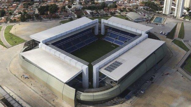 An aerial view of the Arena Pantanal soccer stadium in Cuiaba in April 2014