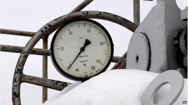 A gas pressure gauge indicating zero seen at a snow-covered transit point on the main pipeline from Russia in the village of Boyarka near the capital Kiev, Ukraine, Saturday, Jan 3, 2009