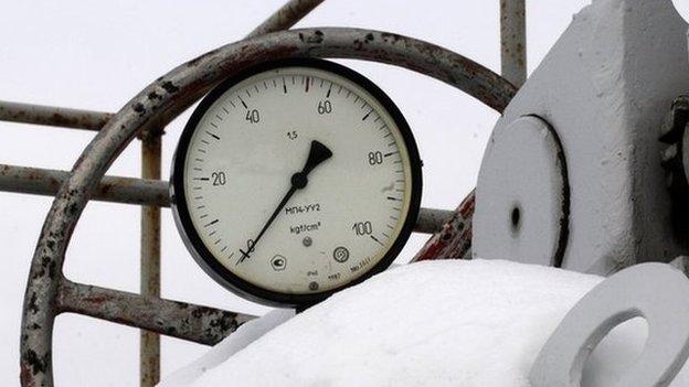 A gas pressure gauge indicating zero seen at a snow-covered transit point on the main pipeline from Russia in the village of Boyarka near the capital Kiev, Ukraine, Saturday, Jan 3, 2009