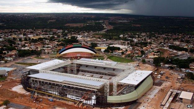 An aerial view of the Arena Pantanal soccer stadium in Cuiaba in May 2014