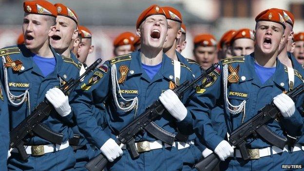 Russian servicemen march during the Victory Day parade in Moscow's Red Square May 9