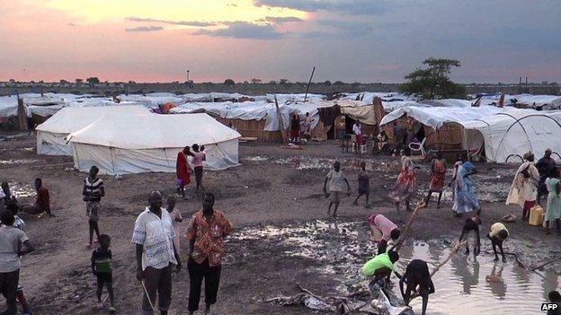 A grab made from a video released by the United Nations Mission in South Sudan on 23 April 2014 shows displaced people in a camp in Bentiu