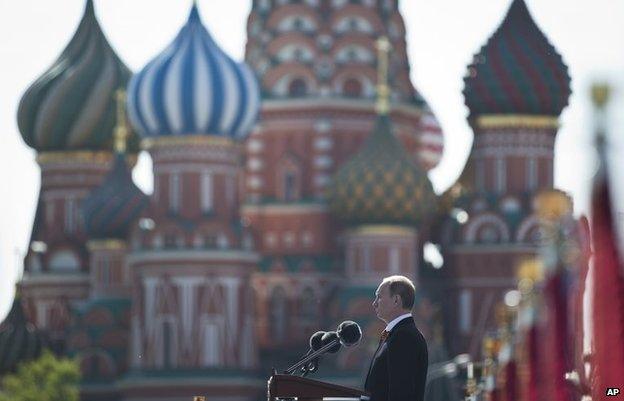 Vladimir Putin speaks during a Victory Day Parade in Moscow, May 9