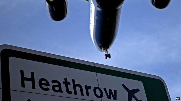 Plane flying over a Heathrow Airport sign