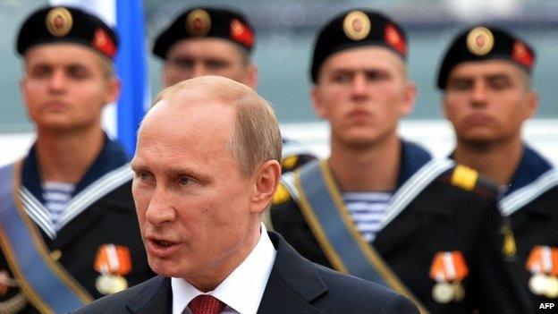 Vladimir Putin speaks during his visit to the Crimean port of Sevastopol on May 9