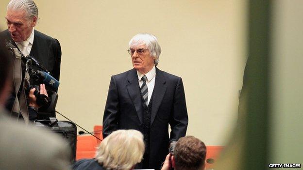 Bernie Ecclestone arrives for the third day of his trial for bribery on 9 May 2014