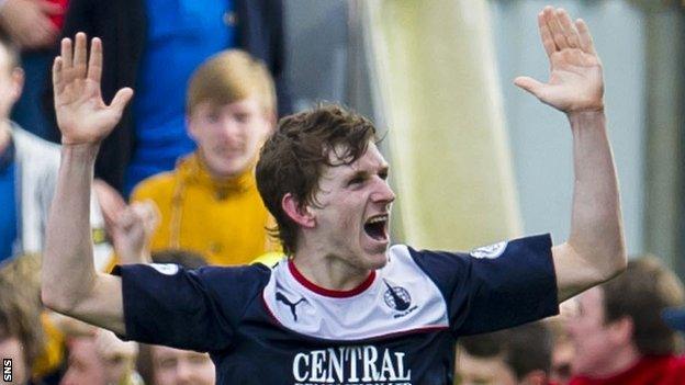 Blair Alston celebrates after scoring for Falkirk against Queen of the South