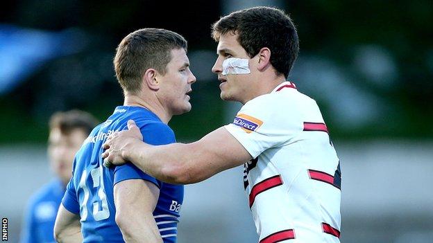 Brian O'Driscoll and Edinburgh's Grayson Hart after the final whistle at the RDS