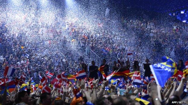 Supporters waving flags at Eurovision 2014